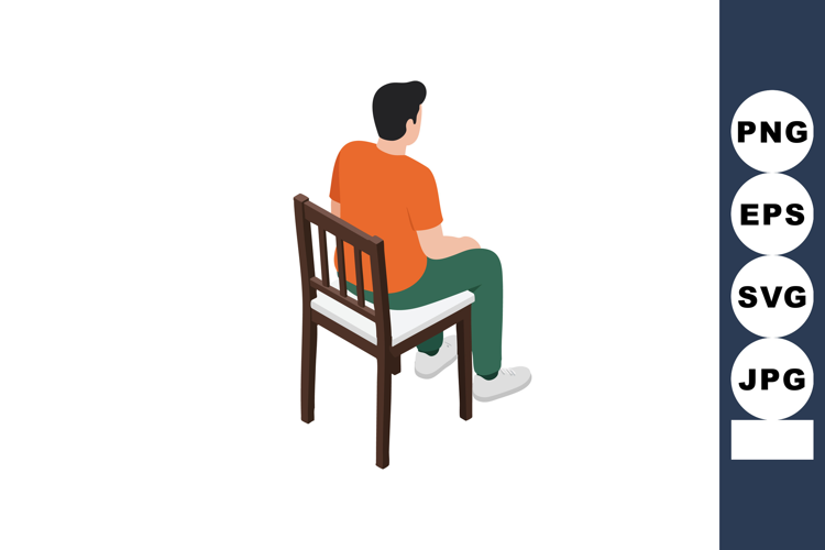 Man sitting on wooden chair wearing orange shirt and green p