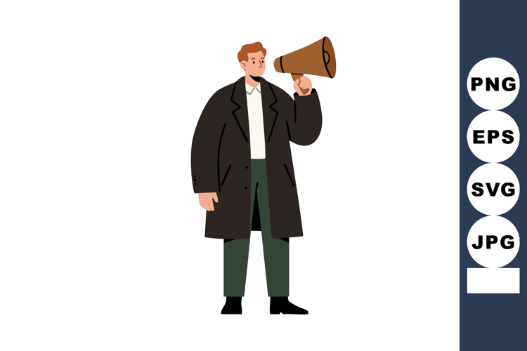 Man holding megaphone wearing black coat and green pants spe