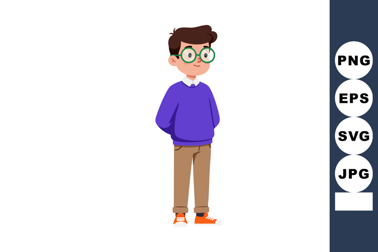 Boy with Glasses Wearing Purple Sweater and Brown Pants Stan