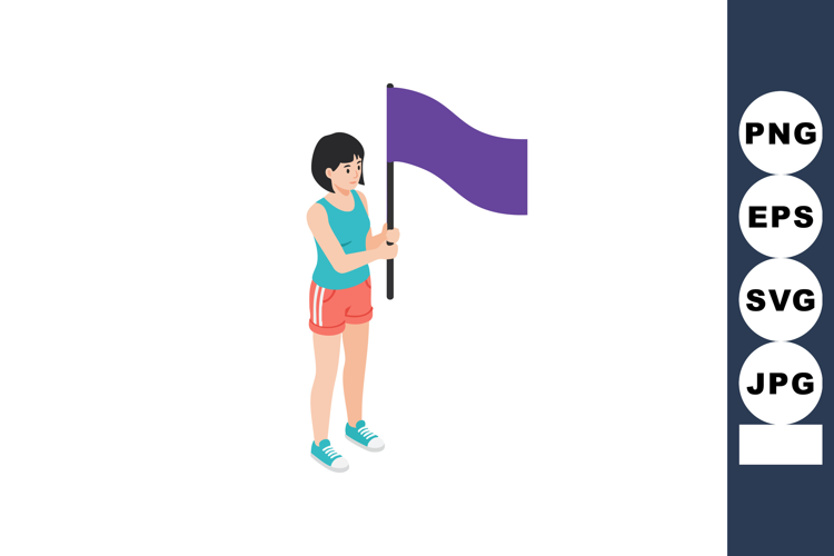 Young woman holding purple flag standing in casual sportswea