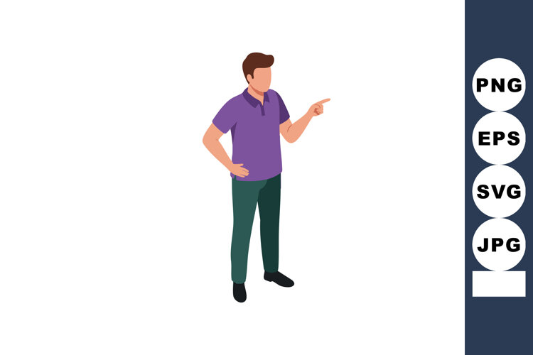 Young man standing and pointing with finger in casual purple example image 1