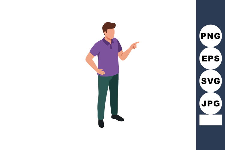 Young man standing and pointing with finger in casual purple