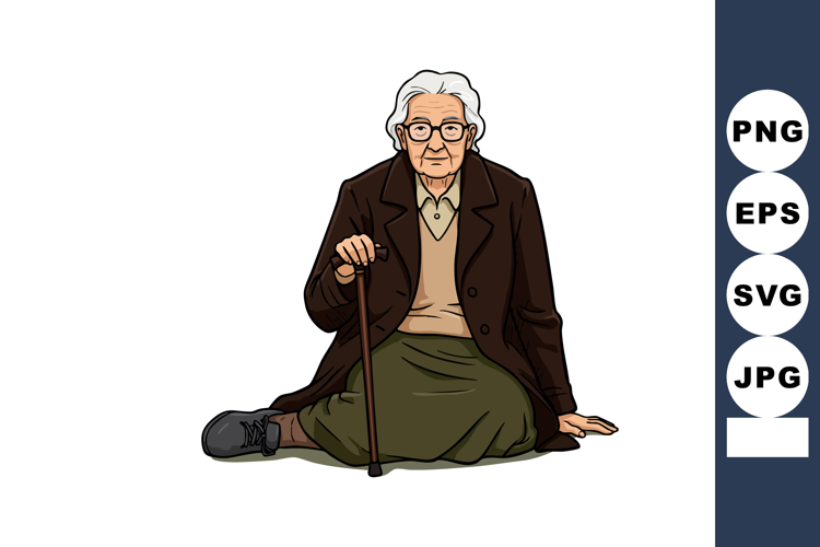 Elderly woman sitting on floor with cane wearing glasses and