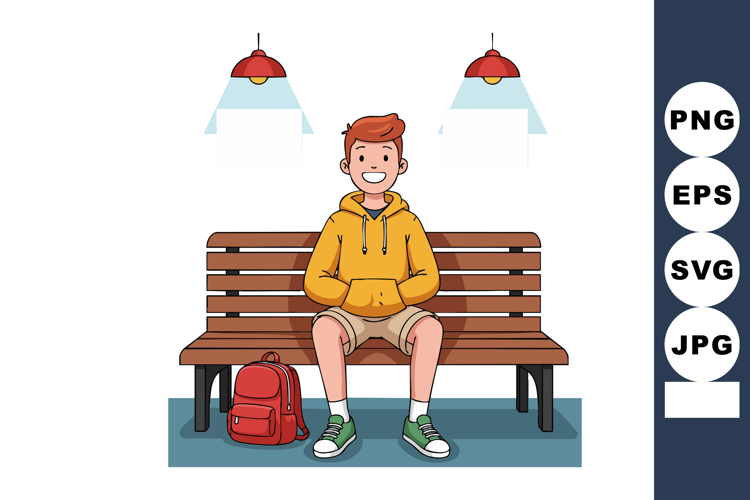 Boy sitting on wooden bench smiling wearing yellow hoodie an