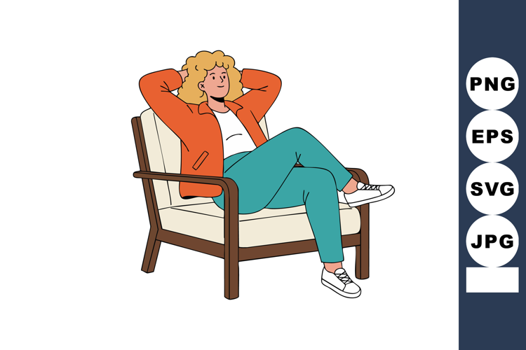 Relaxed woman sitting comfortably in chair with casual outfi