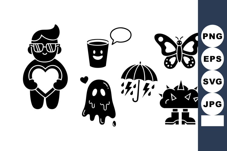 Cute cartoon icons with heart, sunglasses, drink, speech bub