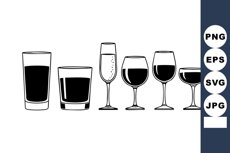 Six Different Types of Glasses with Various Drinks Black and