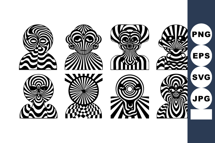 Abstract black and white striped heads with optical illusion
