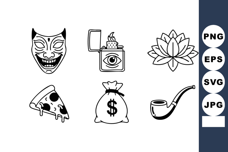 Collection of six black and white vector icons including com