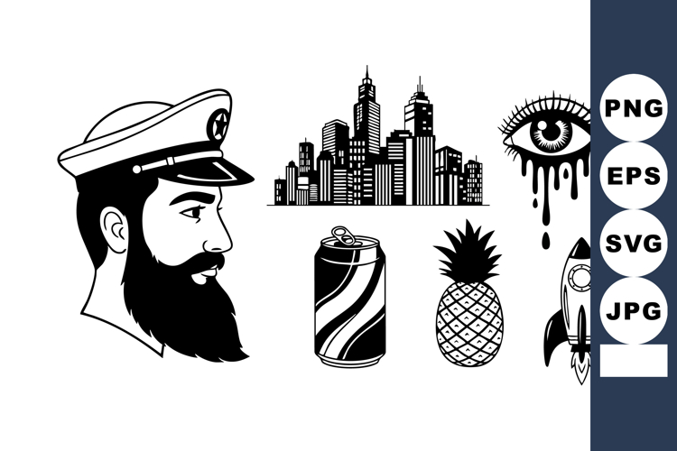 Bearded man in captain hat with city skyline pineapple rocke