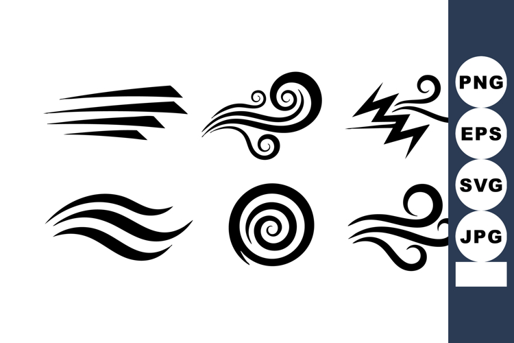 Set of six black wind and air vector icons with swirls and l