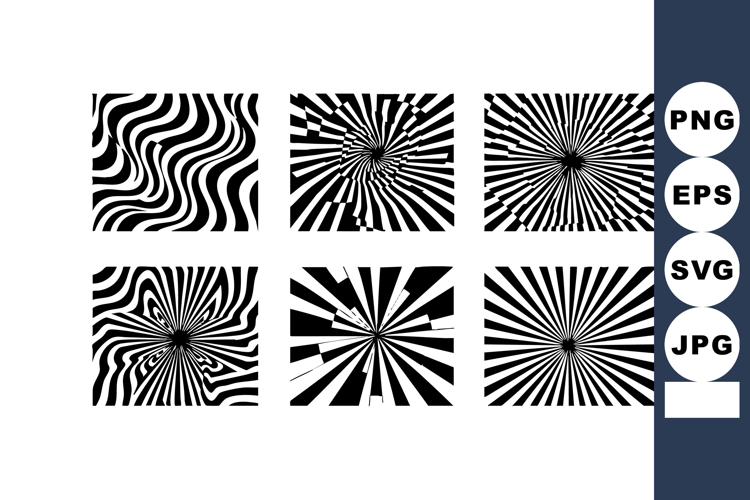 Abstract black and white optical illusions with radial and w