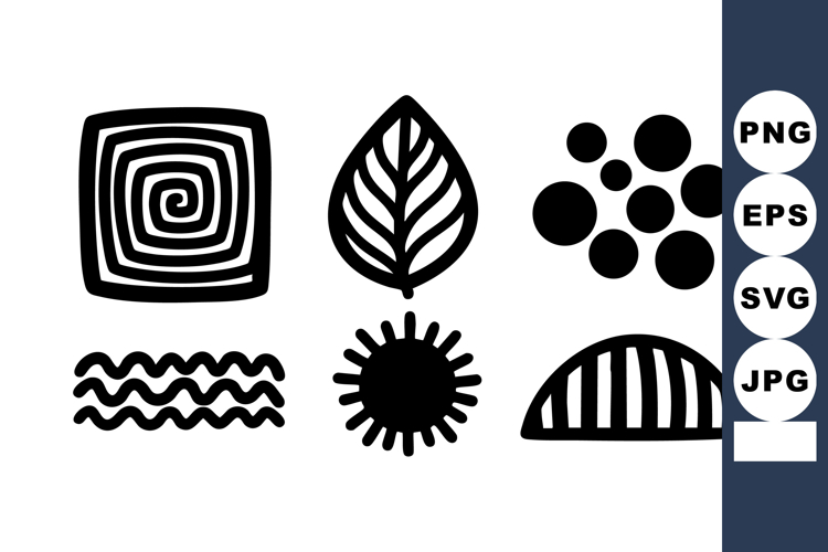 Abstract black and white vector shapes with spiral leaf dots