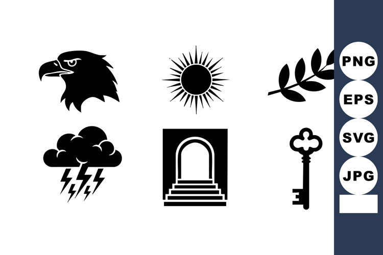 Collection of black silhouette icons including eagle head, s