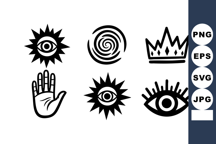 Mystic hand sun eye crown spiral symbols set in black vector