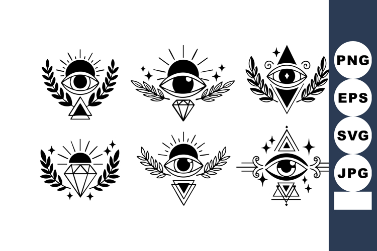All-seeing eye mystical symbol set with geometric shapes and