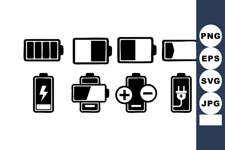 Battery icons set showing different charge levels and power