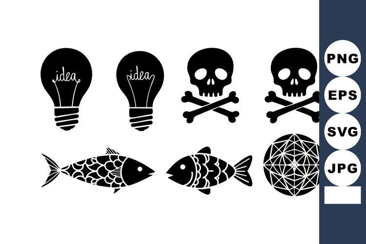 Light bulb idea skull and crossbones fish and geometric sphe