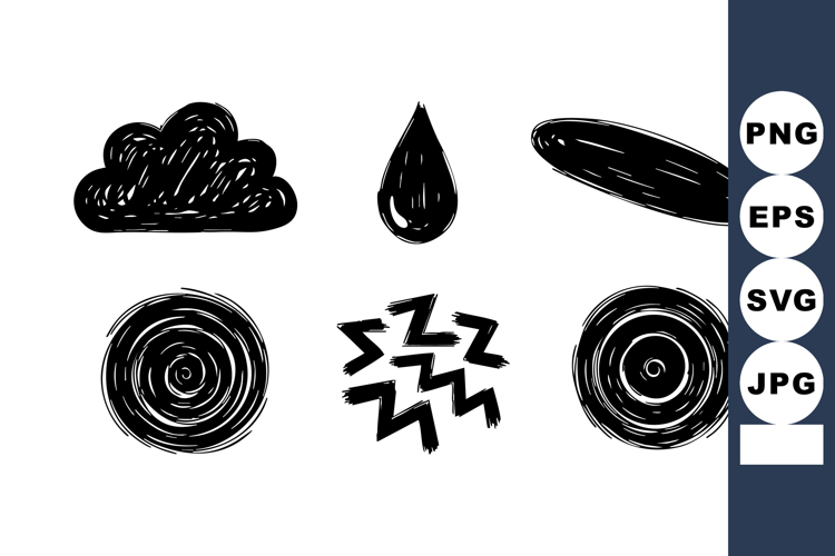 Abstract hand drawn black vector icons with cloud, drop, ova