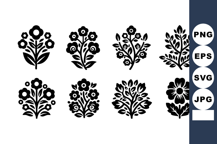 Set of black floral vector icons with various flower and lea