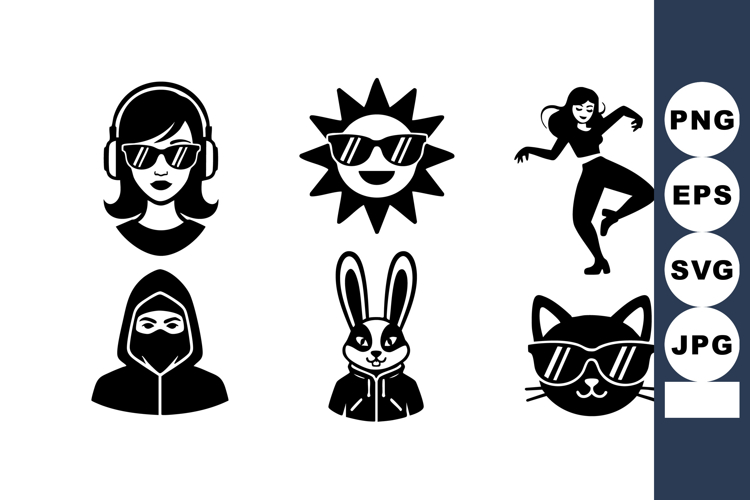 Cool hipster icons set with sun, woman, ninja, rabbit, cat a