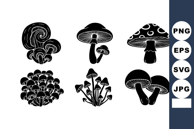 Black silhouette mushrooms vector set with various fungi sha