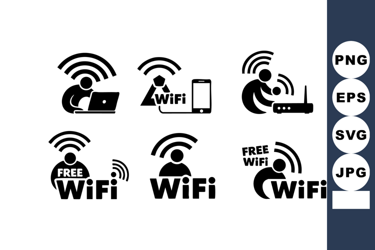 WiFi signal icons and free WiFi symbols in black vector set