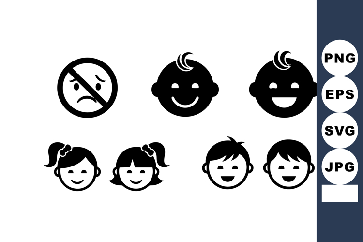Set of baby and child faces with different expressions smili