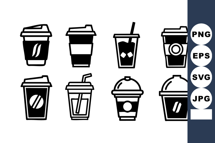 Coffee cup icons set with takeaway cups cold drinks and lids