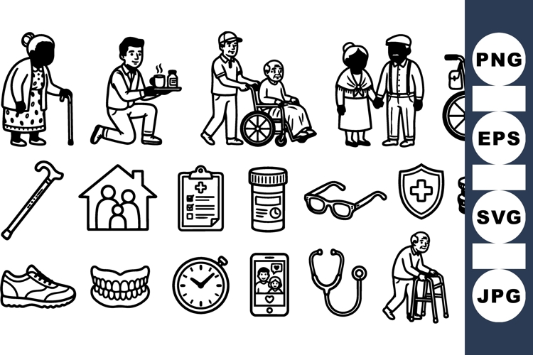 Line Art Senior Care Healthcare Icon Bundle