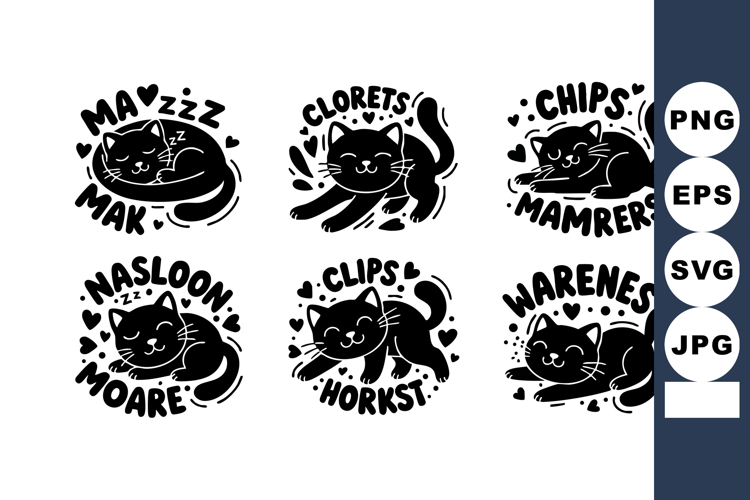 Cute playful black cat doodles with funny misspelled words i