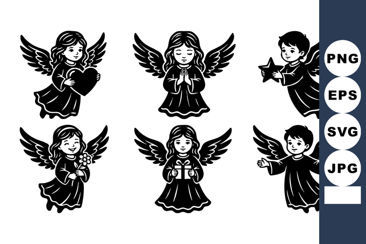 Black and White Child Angels Vector Set - 6 Characters