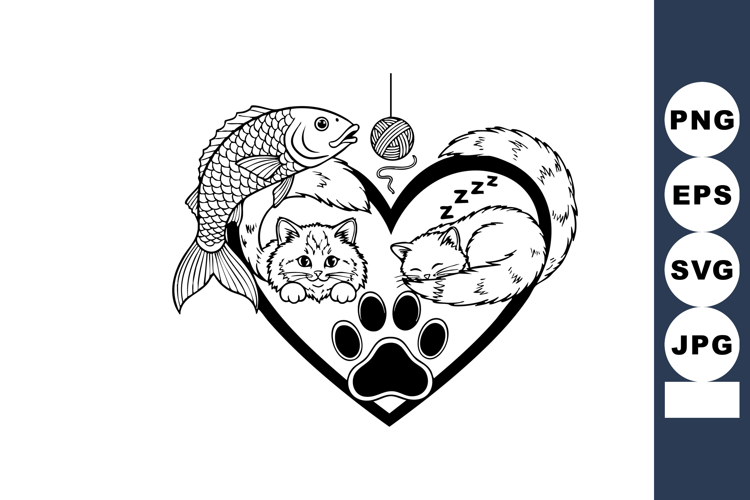 Cat Heart Koi Fish Paw Line Art Emblem