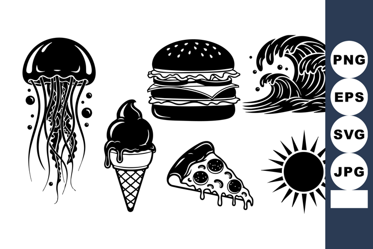 Tattoo Flash Jellyfish Burger Wave Ice Cream Pizza Sun