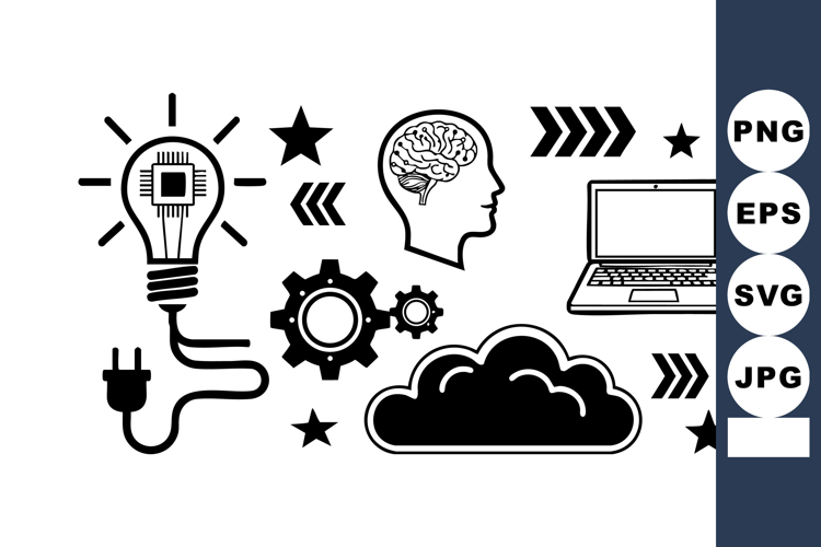 Minimalist Flat Black Icons: Lightbulb, Brain, Laptop, Cloud