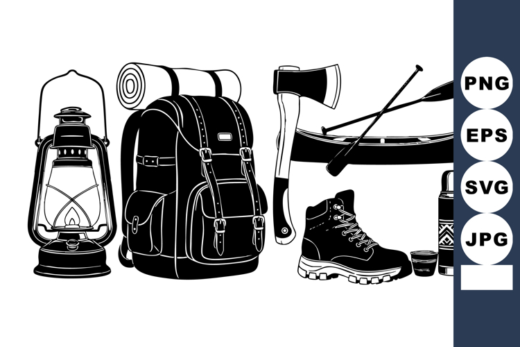 Bold Monochrome Flat Camping Gear Horizontal Layout