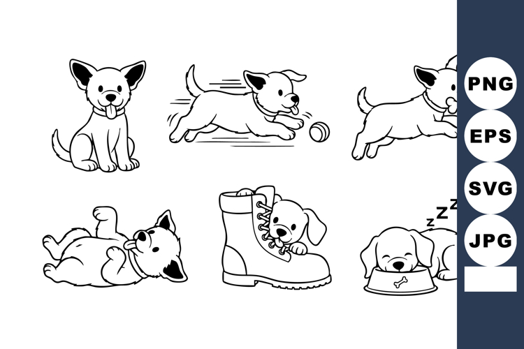 Cute Line Art Puppies 6 Playful Poses Coloring Set