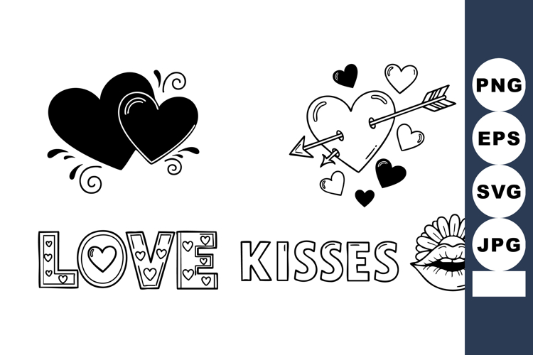 Black White Hearts Arrow Love Kisses Floral Lips Vector
