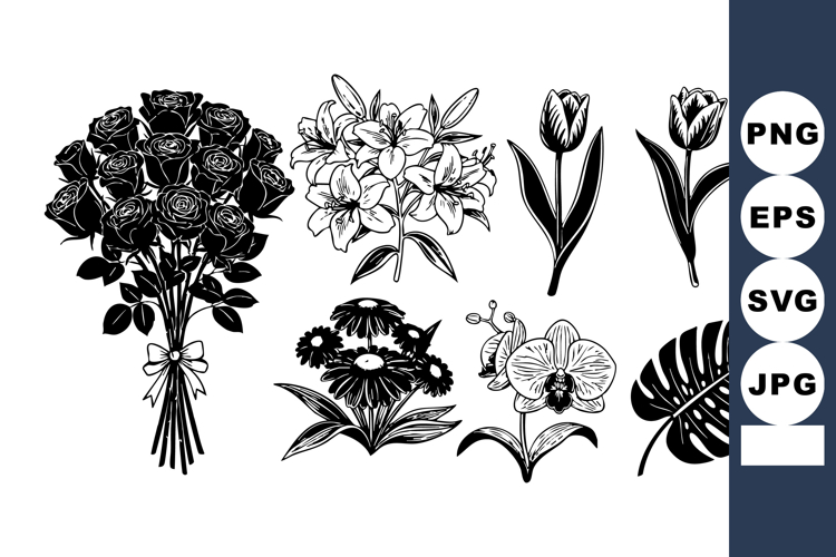 Bold Black and White Floral Tattoo Flash Vector Set