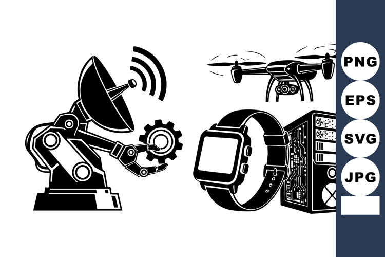 Bold Flat Tech Icons: Robot Arm Drone Smartwatch PC