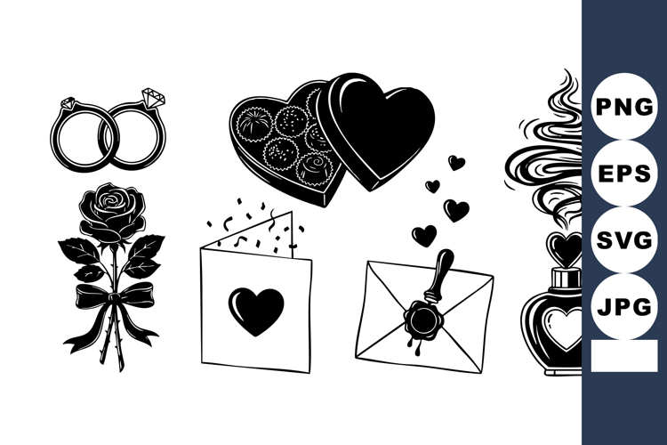 Black and White Valentine Icons Line Art Set