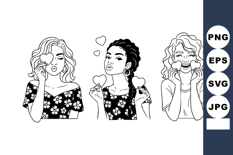 Minimal Line Art Trio: Women with Heart Lollipops