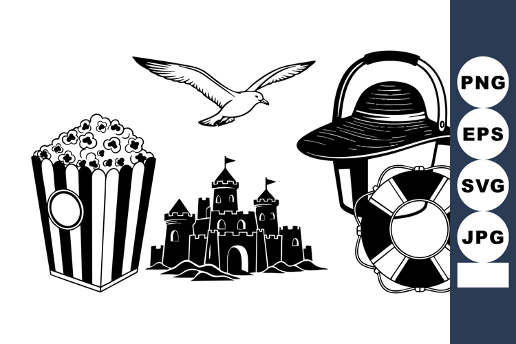 B W Beach Icons: Seagull Popcorn Castle Hat Lifebuoy