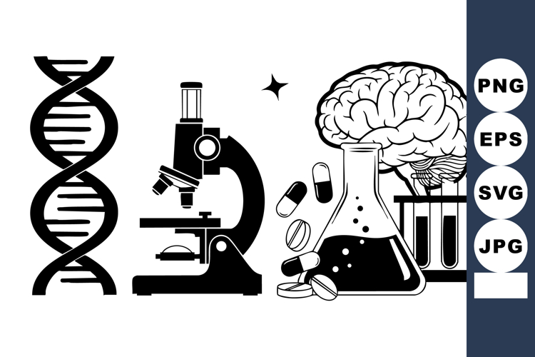 Monochrome Flat Science Vector: DNA Microscope Brain