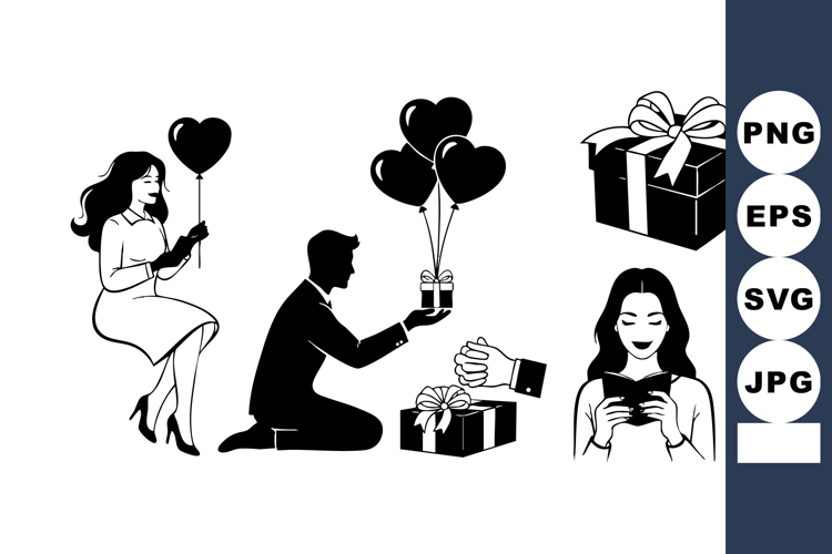 Minimalist Black and White Valentine Silhouette Vector Set