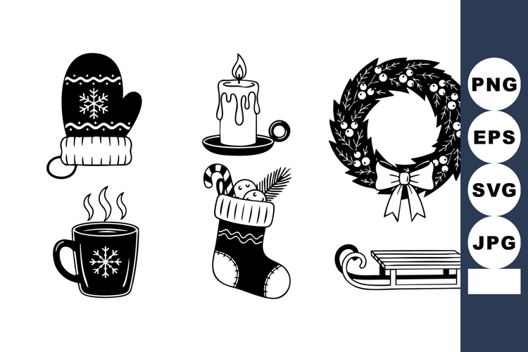 Monochrome Christmas Icon Set Mitten Candle Wreath Mug