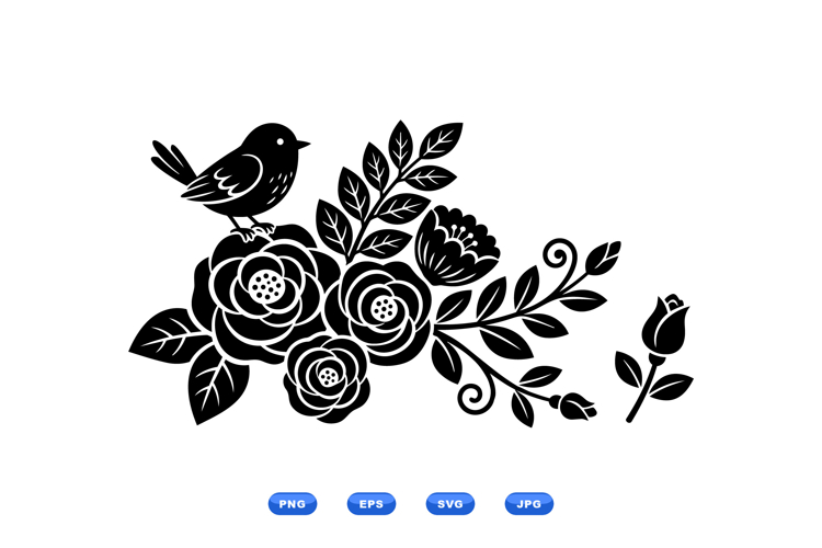 Hand Drawn Bird And Rose Floral Clipart For Crafts