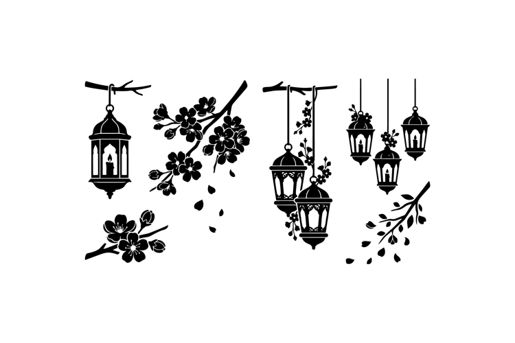 Hand Drawn Lantern And Cherry Blossom Illustration Kit
