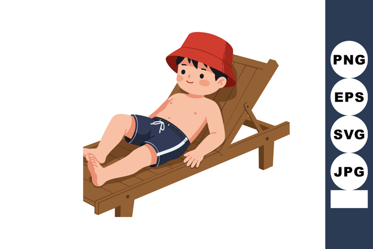 Boy Relaxing on Wooden Beach Chair Wearing Red Hat and Blue