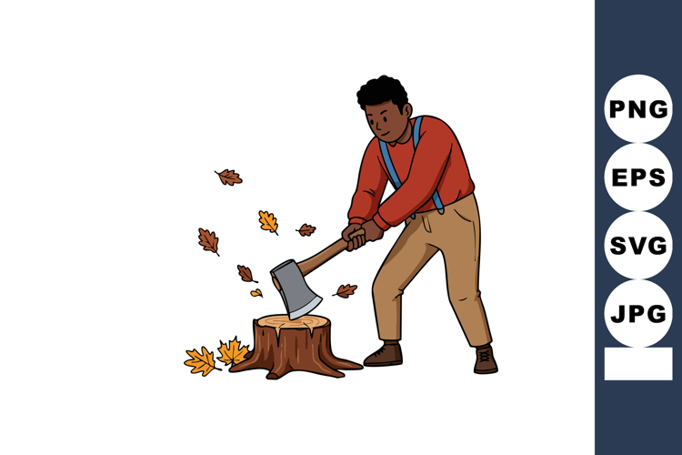 Man chopping wood with axe in autumn leaves falling vector i